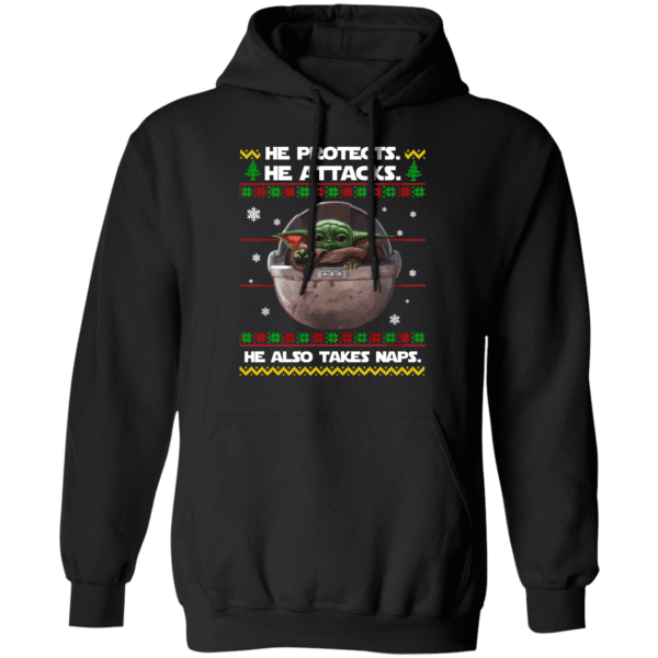 Baby yoda he protects he also takes naps christmas sweater - thetrendytee