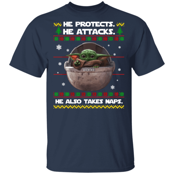 Baby yoda he protects he also takes naps christmas sweater - thetrendytee