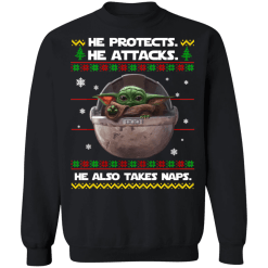 Baby yoda he protects he also takes naps christmas sweater - thetrendytee