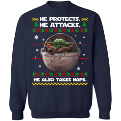 Baby yoda he protects he also takes naps christmas sweater - thetrendytee