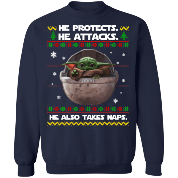 Baby yoda he protects he also takes naps christmas sweater - thetrendytee