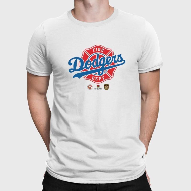 A man wearing a white t-shirt with the los angeles dodgers logo on it.