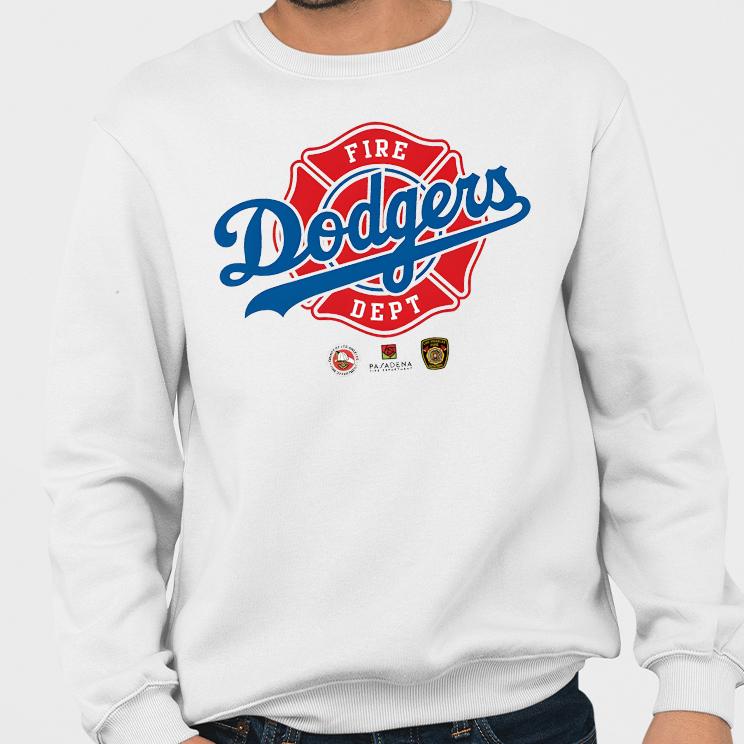 A man wearing a white sweatshirt with the los angeles dodgers logo on it.