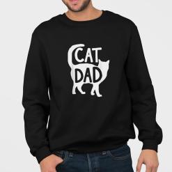A man wearing a black sweatshirt that says cat dad.