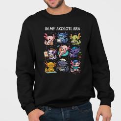 A man wearing a black sweatshirt that says in my axolotl era.