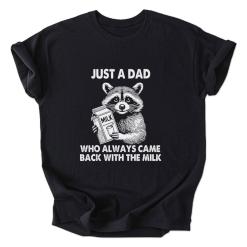 A black shirt with a raccoon holding a box of milk