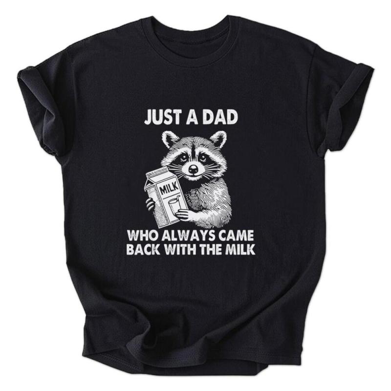 A black shirt with a raccoon holding a box of milk