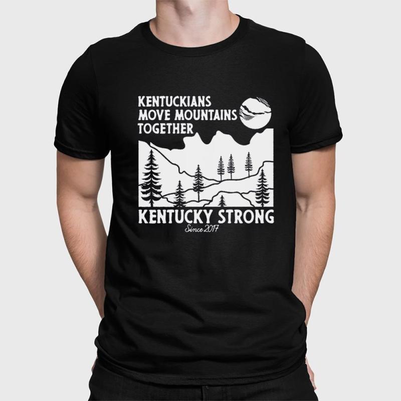 A man wearing a black shirt that says kentuckyians move mountains together.