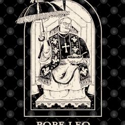A black and white illustration of pope leo sitting on a throne.