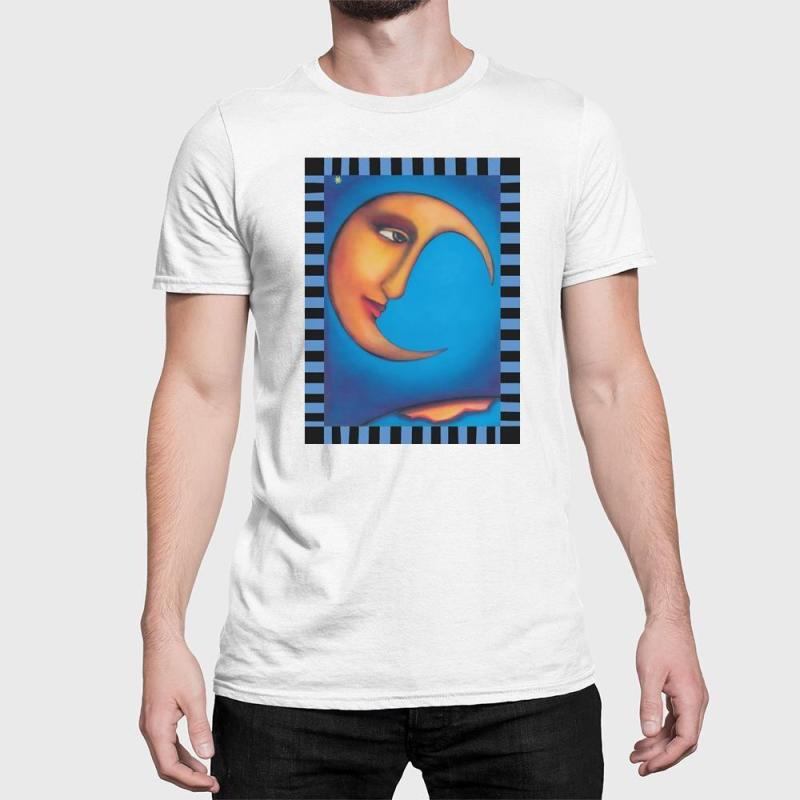 A man wearing a white t-shirt with a painting of a crescent moon.