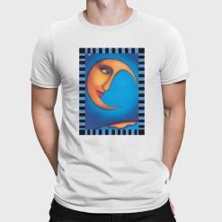 A man wearing a white t-shirt with a painting of a crescent moon.