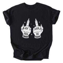 A black shirt with two fingers up in the air.