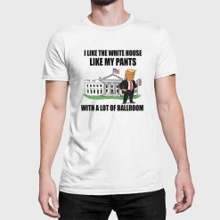 A man wearing a white shirt that says i like the white house like my pants with a lot of ballroom
