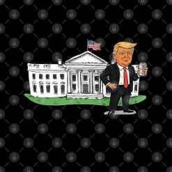A cartoon of donald trump standing holding a can in front of the white house.