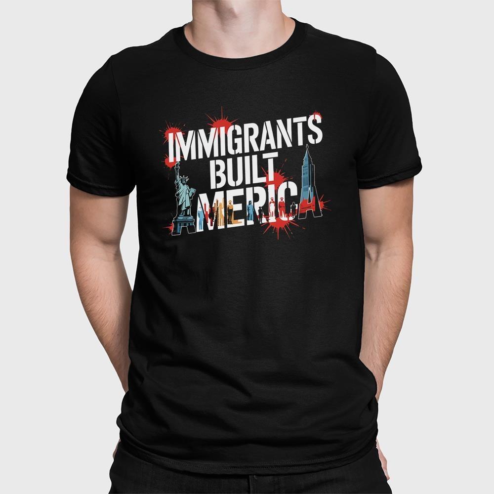 A man wearing a black shirt that says immigrants built america