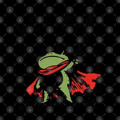 A frog dressed as a superhero on a black background.