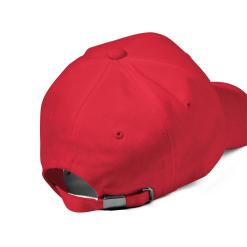 A red baseball cap with a metal buckle on the front.