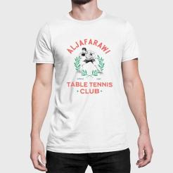 A man wearing a white t-shirt that says aljafarawi table tennis club.