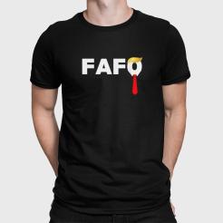 A man wearing a black t-shirt with the word FAFO on it.