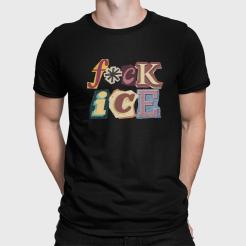 A man wearing a black t-shirt that says F*ck Ice.