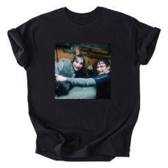 A black t shirt with a picture of two men on it