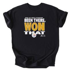 A black shirt that says been there, won that.