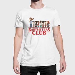 A man wearing a white t-shirt that says the babysitters club.